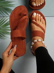 夏季沙灘平底涼鞋,腳趾環滑鞋 - 棕色 - 查看 1