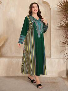 Al Najma Plus Size Women's Geometric Stripe Pattern V Neck Long Sleeve Arabian Dress Kaftan Jalabiya Dress - Multicolor - View 5