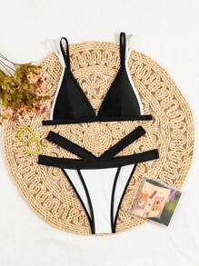 SHEIN Swim Color Block Separated Bikini Set, 2pcs/Set Summer Beach - Black and White - View 1