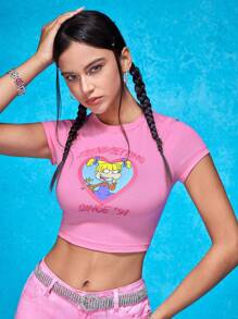 Nick 90s | SHEIN 女式卡通人物和字母图案短款夏季粉色可爱 Y2K 夏季粉色 T 恤 自 91 年以来引领潮流 - 粉色 - 查看 3