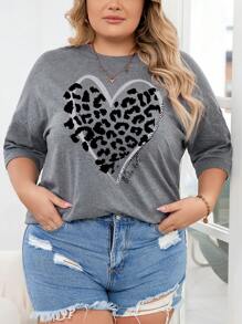 INAWLY Große Größen Leoprint Herz & Buchstaben Muster Oversized T-Shirt, Grafik Gepardendruck Oberteile für Damen, für den Sommer
