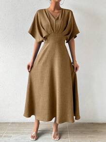 RosyDaze V-Neck Pleated Batwing Sleeve Dress Maxi Women Outfit - Apricot - View 3