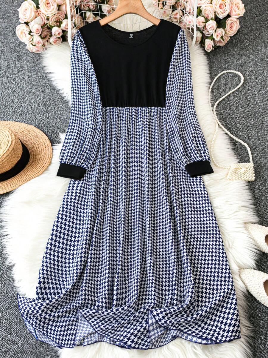 Celure 大尺碼彩色拼接大腳掌拼接連衣裙 - 藍色 - 查看 1