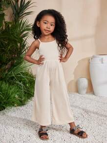 SHEIN Young Girl's Spring/Summer Knitted Solid Color Jumpsuit With Spaghetti Strap For Vacation Or Leisure