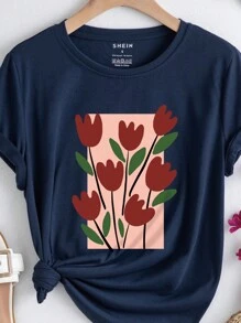 SHEIN Essnce 女士花卉印花圓領短袖t恤 - 藏蓝色 - 查看 6