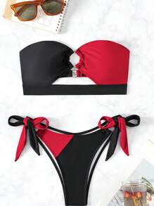SHEIN Swim Conjunto de bikini de mujer de contraste de color, sin tirantes, calado para la playa de verano