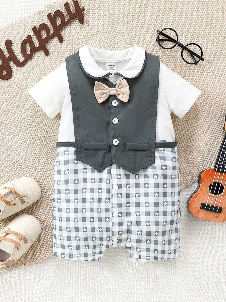 SHEIN 寶寶男孩優雅的學院風復古領帶領口格子拼接短連身褲套裝,搭配馬甲,適用於春夏外出穿著 - 彩色 - 查看 1