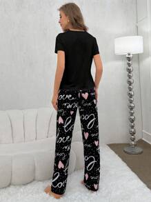 Ladies' Heart & Letter Printed Short Sleeve And Long Pants Pajama Set - Black - View 2