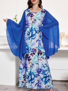 Al Najma Women's Round Neck Flared Sleeve Turkish Dress & Arabic Traditional Dress, Modest Full Length Kaftan, Casual Long Sleeve Dress - Multicolor - View 2