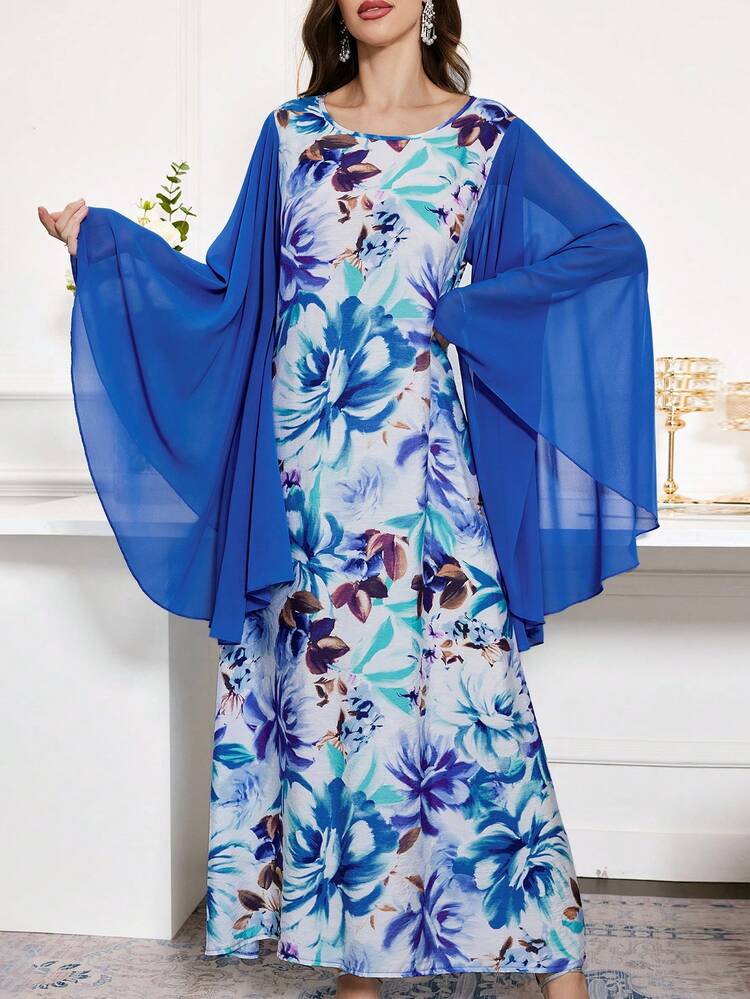 Women's Round Neck Flared Sleeve Turkish Dress & Arabic Traditional Dress, Modest Full Length Kaftan, Casual Long Sleeve Dress
