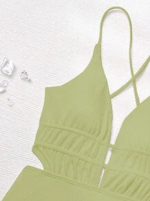 SHEIN Swim Đồ bơi một mảnh cổ chữ V sâu có dây đeo dành cho nữ đi biển mùa hè - màu xanh lá - Xem 4