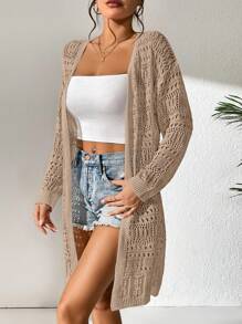 SHEIN Swim 女士中空純色休閒時尚羽織風外套 - 卡其色 - 查看 6