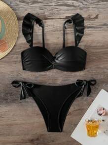 SHEIN Swim 夏季海灘女士純色交叉波浪袖比基尼游泳服 - 黑色 - 查看 6