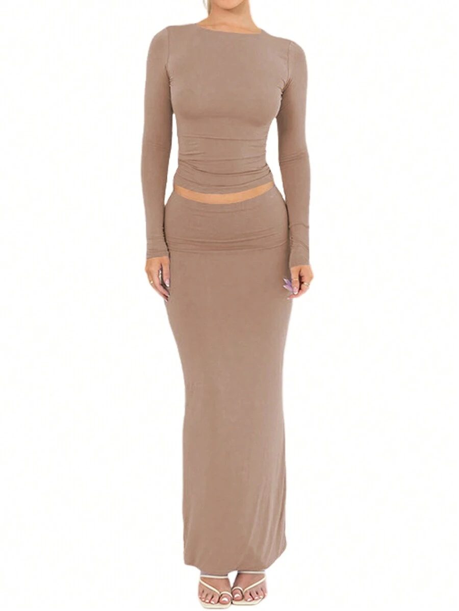 INAWLY Women's Solid Color Slim Fit Two Pieces Set Fall Cloth For Women - Apricot - View 1