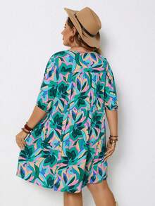 Rusttydustty 大尺碼V領全印花連身裙 - 綠色 - 查看 2