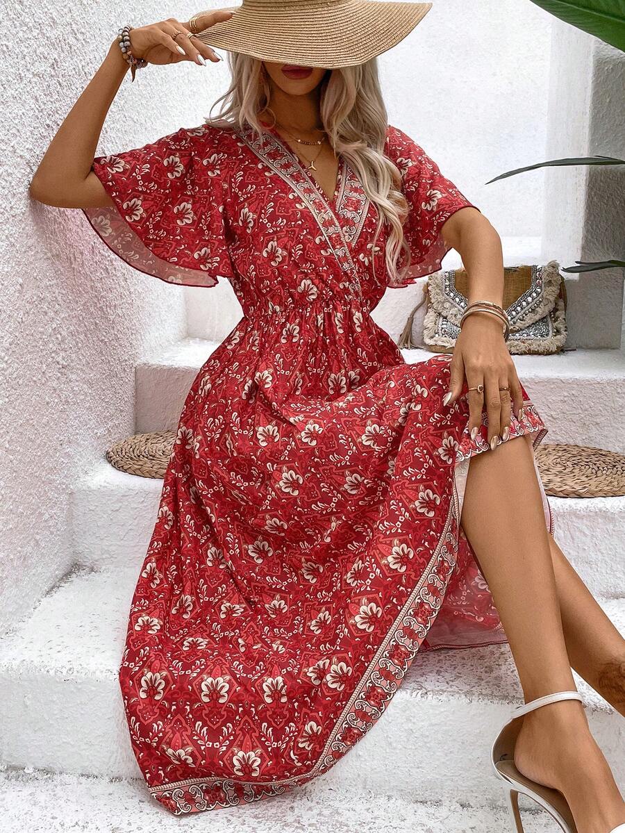 Breezaya Women's Floral Print Ruffle Short Sleeve Dress - Red - View 1