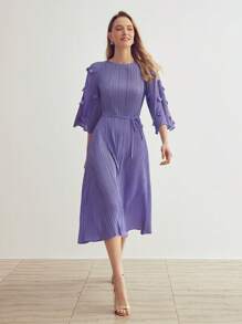 MOTF PREMIUM FASHIONABLE AND ELEGANT MID-LENGTH PLEATED DRESS WITH THREE QUARTER SLEEVES AND BELT - Purple - View 9