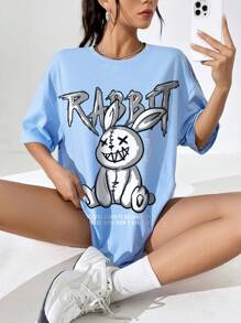 SHEIN EZwear 超大休闲复活节兔子和字母印花圆领短袖 T 恤，适合夏季，男女通用 - 淺藍色 - 查看 7