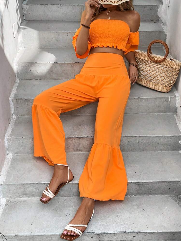 Women's Off The Shoulder Top With Ruffled Hem And Solid Color Fashion Pants With Flounce Hem Set