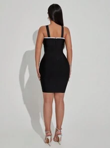 SHEIN SXY Casual Sexy Date Black Bandage White Structure Trim Strip Skinny Mini Dress - Black - View 3