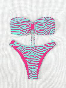 SHEIN Swim 夏日海滩斑马纹两件套比基尼 - 綠色 - 查看 1