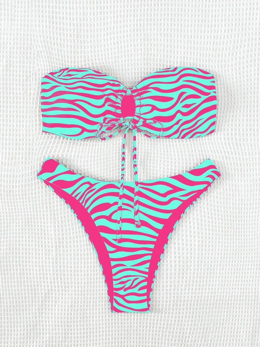 SHEIN Swim 夏日海滩斑马纹两件套比基尼 - 綠色 - 查看 1