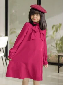 SHEIN Vestido para niñas preadolescentes con mangas largas estilo retro, cuello tejido con soporte, botones decorativos en la parte de atrás y línea A