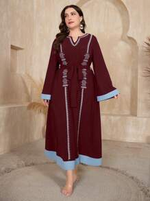 Al Najma Burgundy Red Plus Size Notched Collar Printed Contrast Color Arab Casual Wear With Tie And Belt Kaftan Jalabiya Dress - Burgundy - View 3