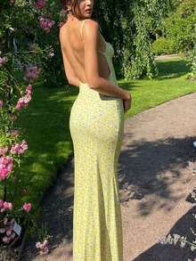 女士春夏度假派对花卉印花露背法式长裙性感优雅连衣裙 - 黃色 - 查看 2