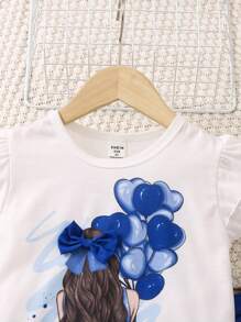 SHEIN Conjunto de 2 piezas compuesto por una blusa con cuello redondo y mangas cortas con estampado de silueta de niña y pantalones anchos plisados