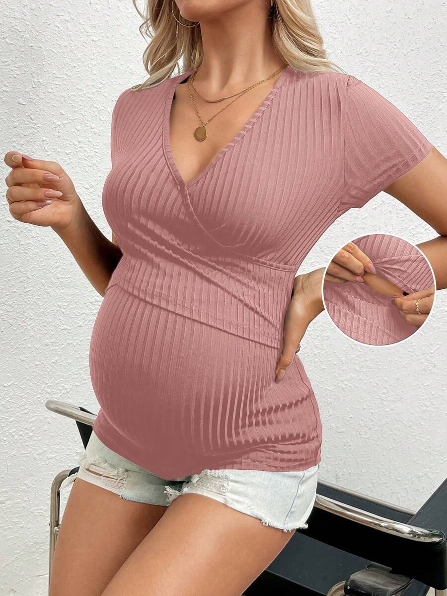 SHEIN Thai sản Màu thuần Gân đan Cho con bú Áo thun - Bụi hồng - Xem 1