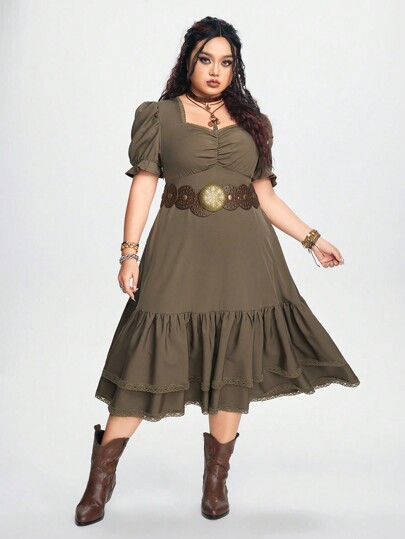 Hippie فستان نسائي مقاس كبير بحاشية فقاعية برقبة مربعة/مستديرة