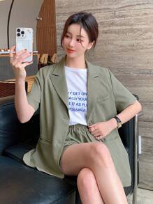 DAZY Business Casual Blazer Collar Short Sleeve Top And High Waist Wide Leg Shorts 2 Pieces Set For Women