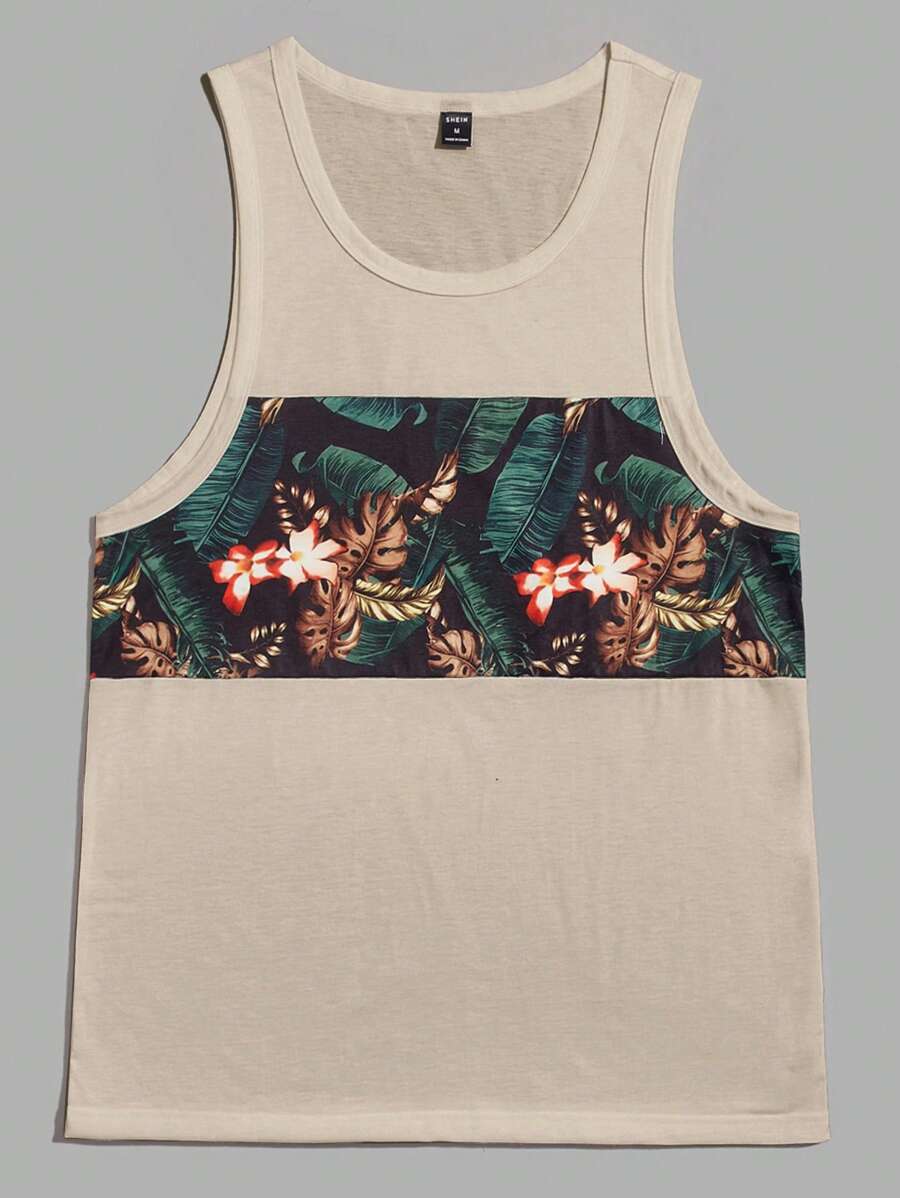 GENTILAND Nam Dệt kim Áo ba lỗ Với In thực vật - Màu Khaki - Xem 1