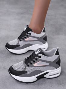 Women's Colorblock Casual Sneakers, Lace Up Breathable Platform Comfy Trainers, Versatile Low-Top Sporty Shoes - Dark Grey - View 4