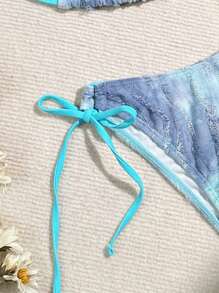 SHEIN Swim Conjunto de bikini de dos piezas con hombros de teñido anudado para damas, para la playa de verano - Multicolor - Ver 8