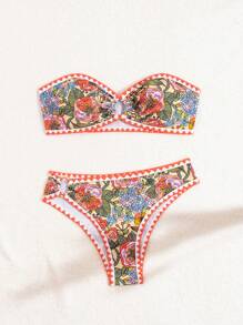SHEIN Swim Summer Women's Tropical Plant Print Bandeau Bikini Set, 2pcs - Multicolor - View 3