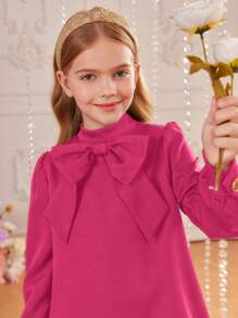 SHEIN Vestido para niñas preadolescentes con mangas largas estilo retro, cuello tejido con soporte, botones decorativos en la parte de atrás y línea A