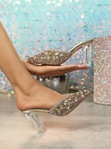 Giày cao gót nữ, giày sandal mũi nhọn đính pha lê, thiết kế mới cho tiệc tùng và mặc ngoài trời linh hoạt, phong cách tươi mới - Màu be - Xem 3