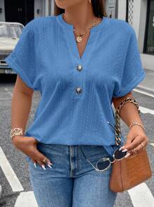 SHEIN LUNE 大碼女性v領蝙蝠短袖t恤,帶剪裁細節 - 淺藍色 - 查看 5