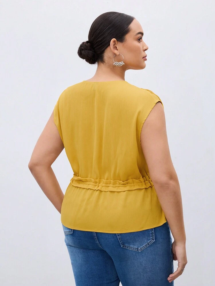 Plus Size Yellow Loose Front Tie V-Neck Sleeveless Shirt Casual Summer Blouse