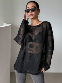 DAZY Solid Color Loose Fit Thin Women's Long Sleeve Round Neck Top Semi-Sheer Top - Black - View 1