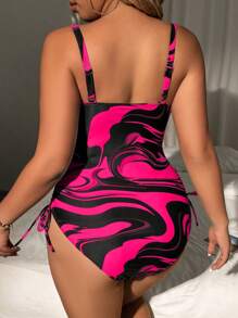 Swim Lushoire Plus Size Summer Beach Random Printed One Piece Swimsuit - Hot Pink - View 2