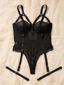 大碼蕾絲拼接網紗背帶吊帶襪內衣套裝 - 黑色 - 查看 5