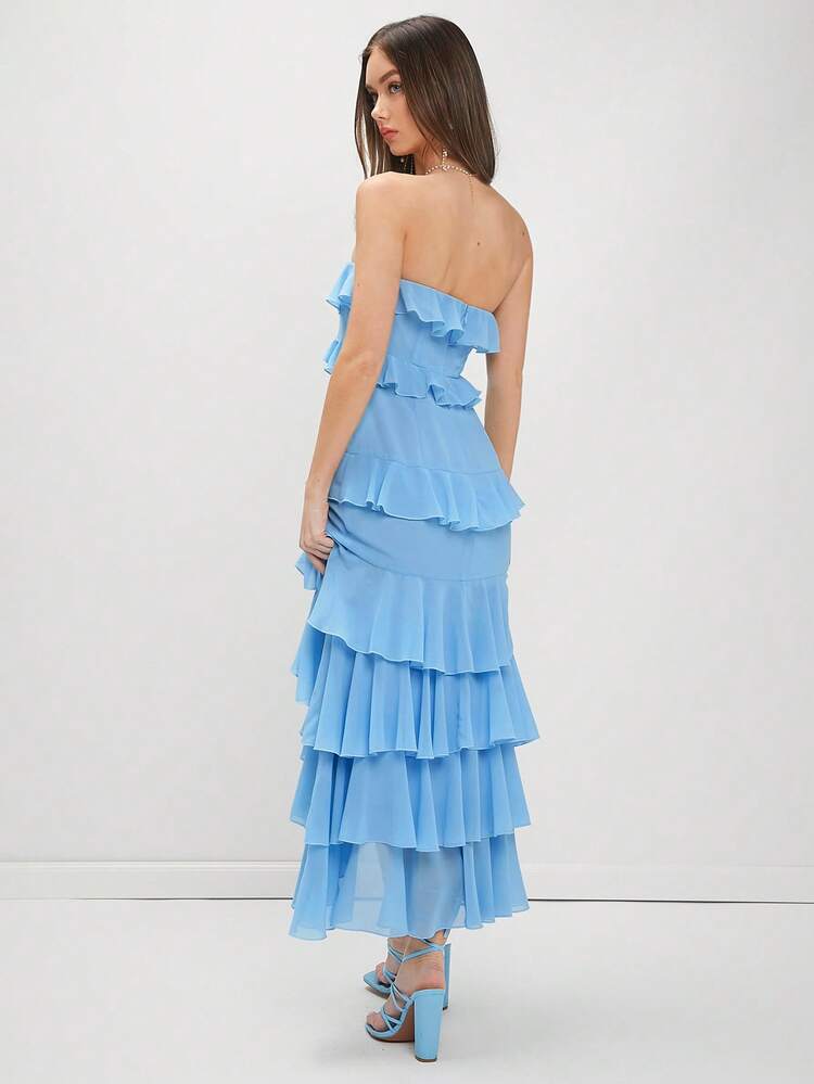 Summer Women's Strapless Layered Ruffle Pastel Pleated Blue Prom Wedding Guest Dress
