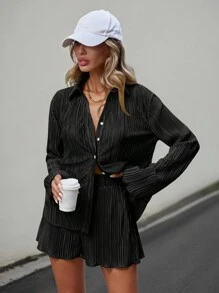 Siren Gaze Women's Solid Color Loose Fit Pleated Casual Two Pieces Set Winter Black Spring - Black - View 3