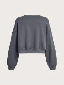 Easithlete Solid Color Drop Shoulder Cropped Sports Sweatshirt - Dark Grey - View 2