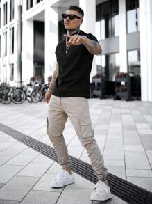 Men's Solid Color Casual Crew Neck Short Sleeve Loose T-Shirt - Black - View 6