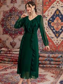 Modelyn Vestido de unicolor con dobladillo con volantes y cintura ajustable - Verde - Ver 6