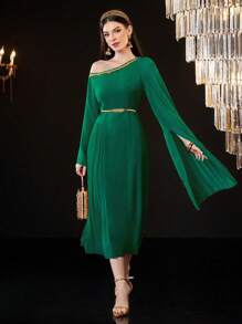 Modelyn 女士宽松不对称领口褶皱连衣裙，开叉袖长款晚礼服，女士秋季服装 - 軍綠色 - 查看 5